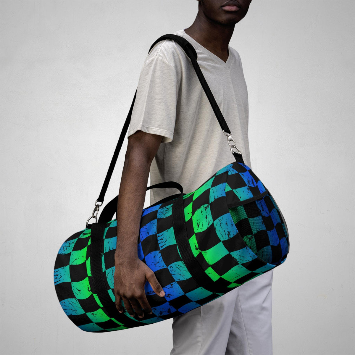 Green and Blue Checkered Hellfire BMX Duffel Bag | Sports Travel Gear