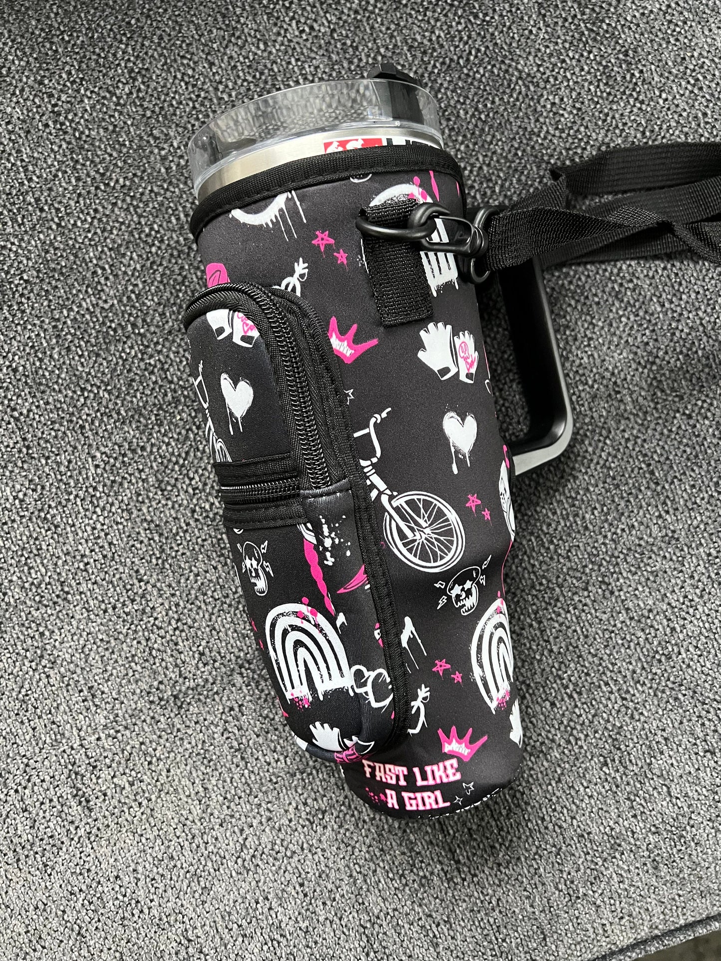 40 oz Insulated Mug Cozie with Custom BMX Print for Women - Fits Phone, Cash, Cards & Wallet - Waist/Shoulder Strap