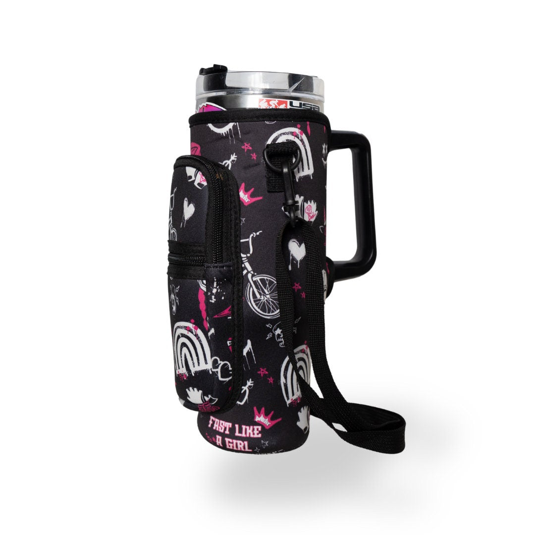 40 oz Insulated Mug Cozie with Custom BMX Print for Women - Fits Phone, Cash, Cards & Wallet - Waist/Shoulder Strap