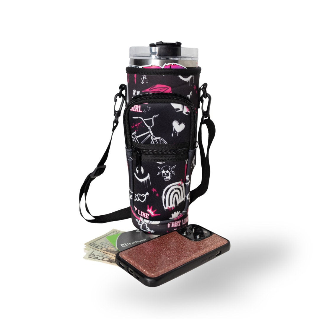 40 oz Insulated Mug Cozie with Custom BMX Print for Women - Fits Phone, Cash, Cards & Wallet - Waist/Shoulder Strap