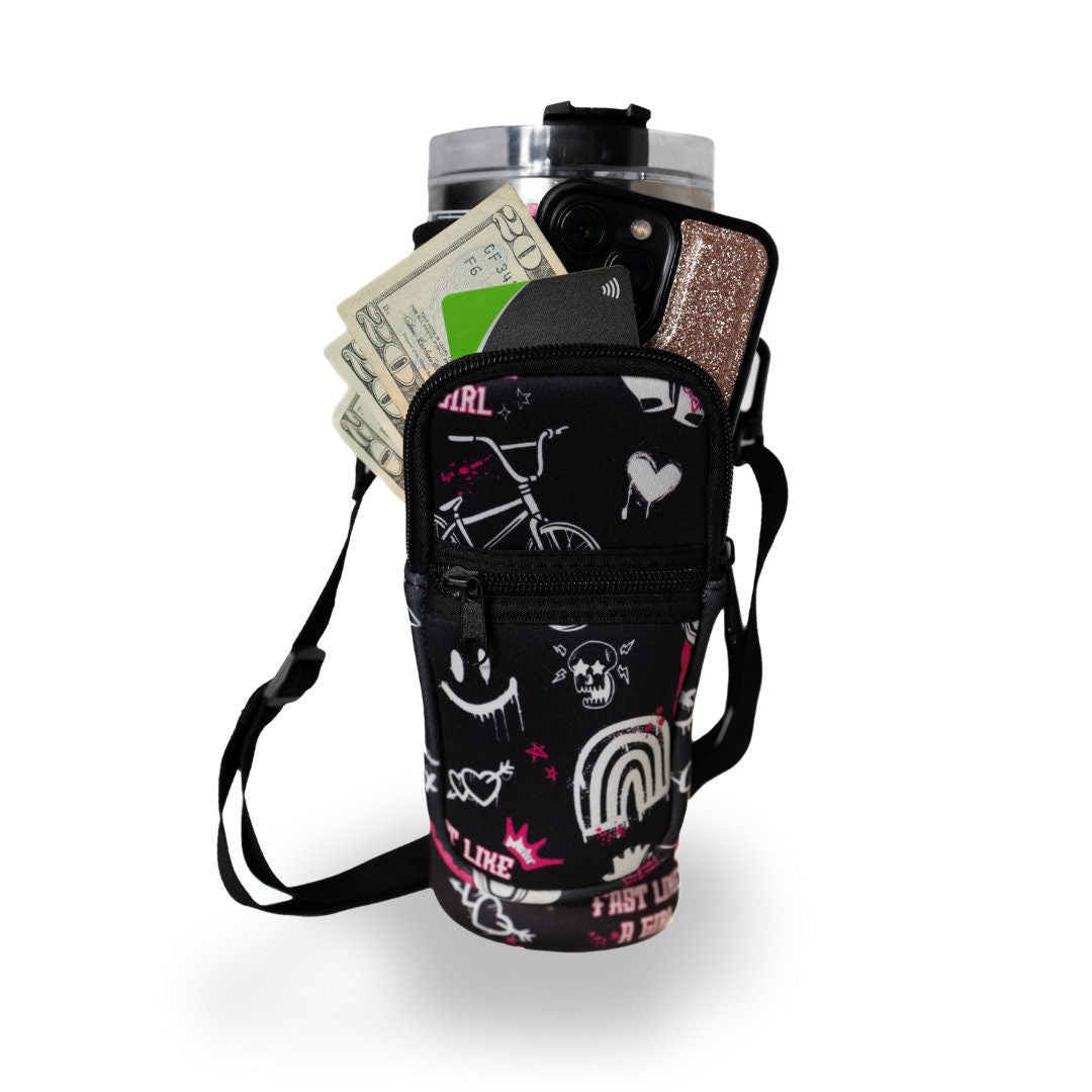 40 oz Insulated Mug Cozie with Custom BMX Print for Women - Fits Phone, Cash, Cards & Wallet - Waist/Shoulder Strap