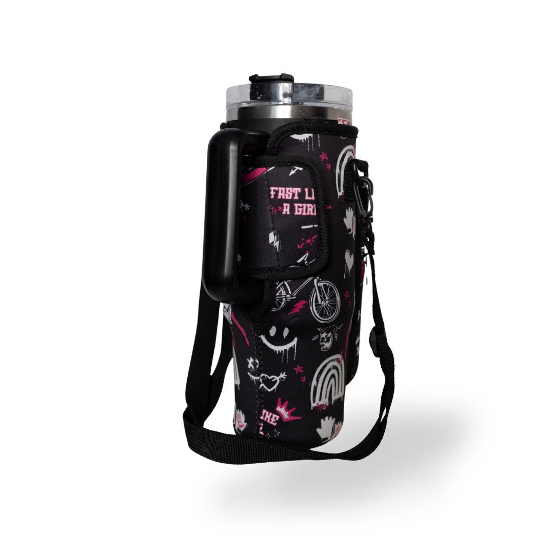 40 oz Insulated Mug Cozie with Custom BMX Print for Women - Fits Phone, Cash, Cards & Wallet - Waist/Shoulder Strap