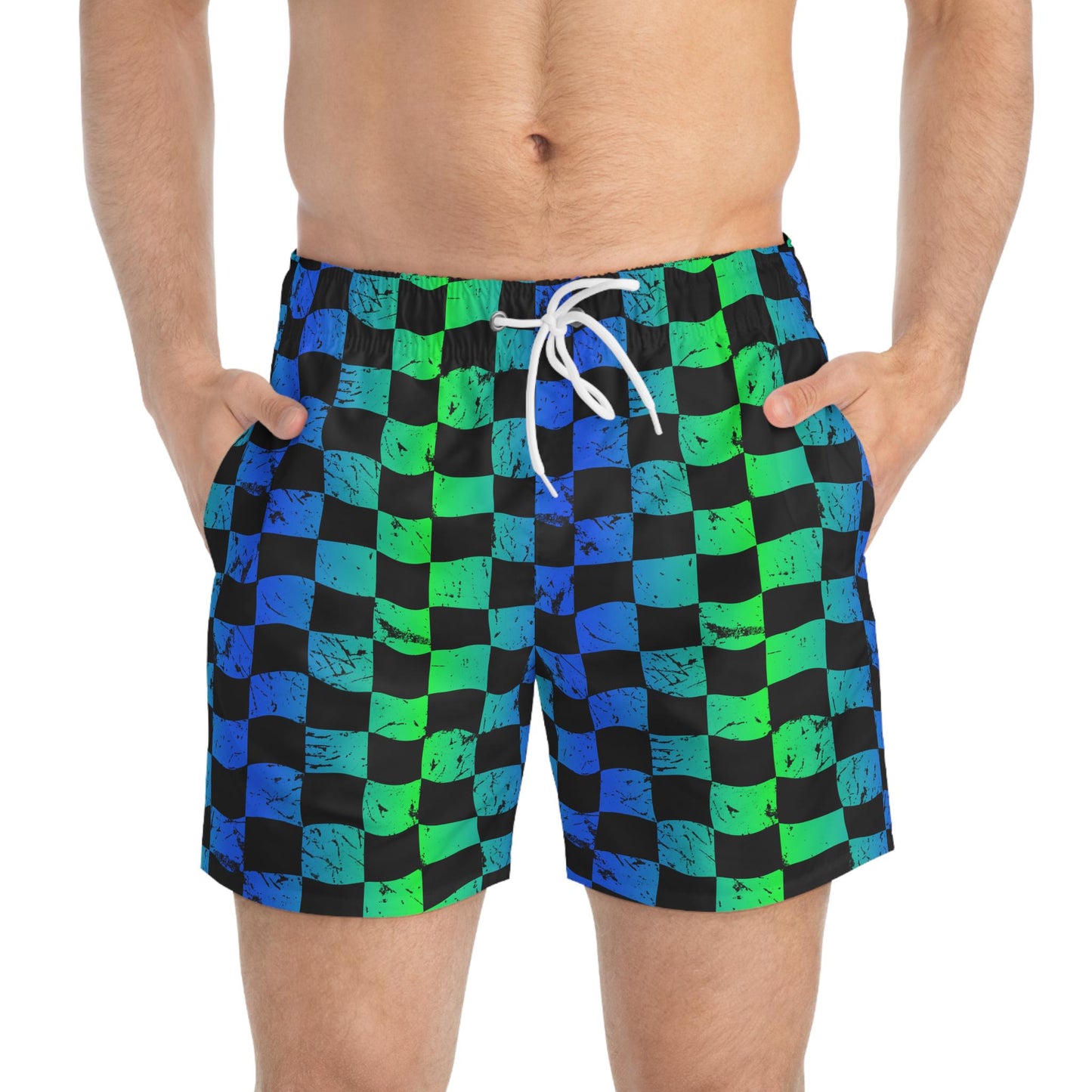 Green & Blue Checkered Swim Trunks, Men's Beachwear