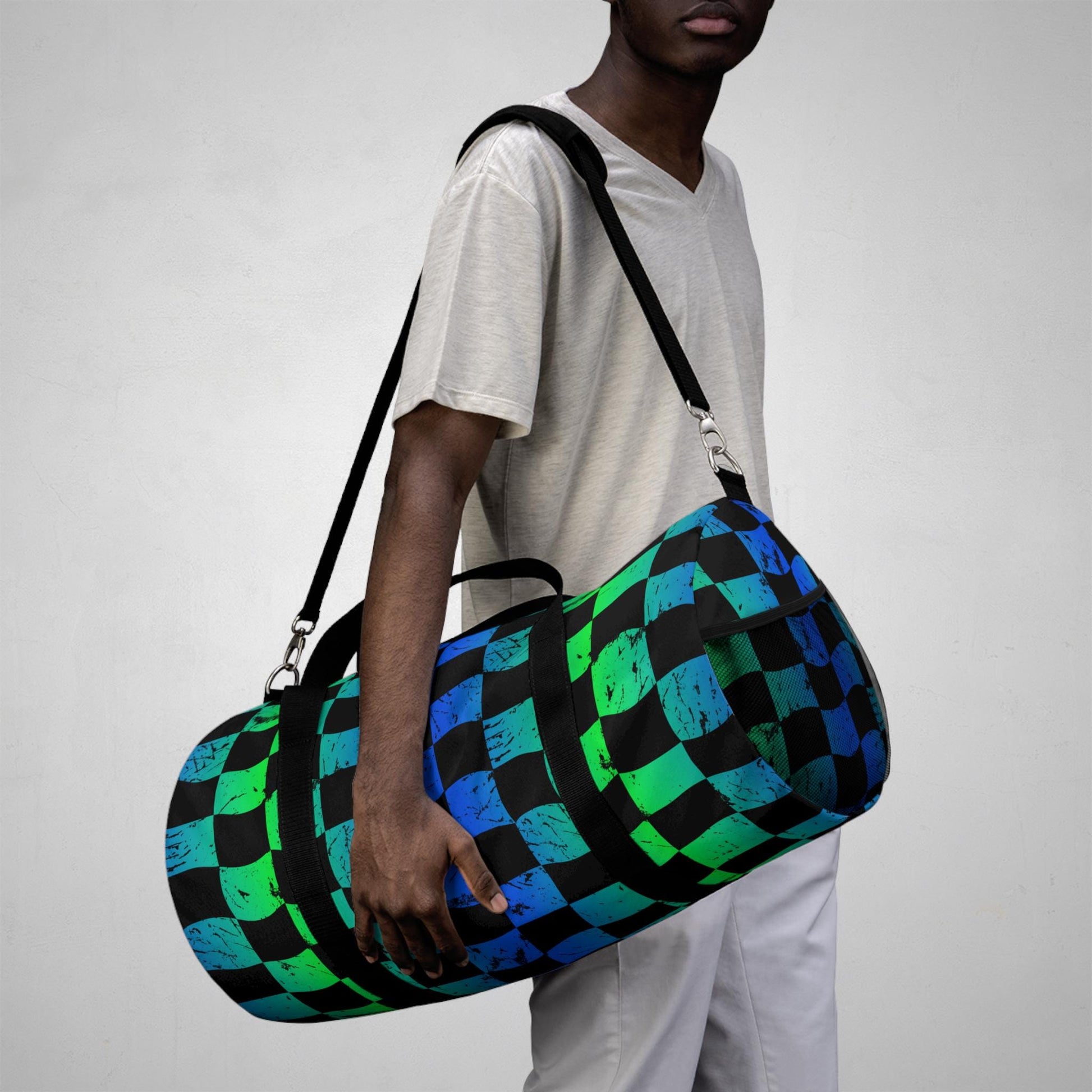 Green and Blue Checkered Hellfire BMX Duffel Bag | Sports Travel Gear
