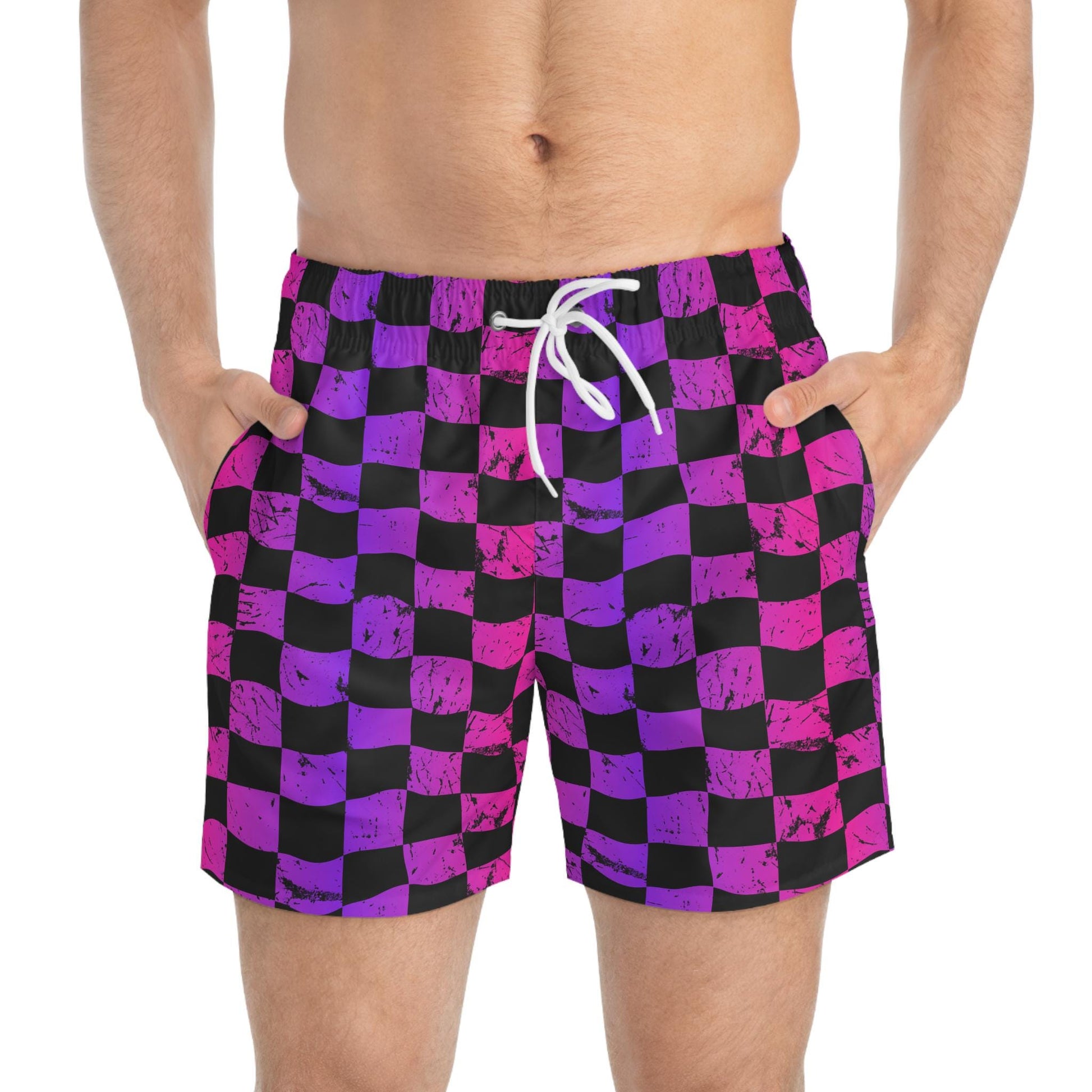 Pink Purple Check Swim Trunks | All-Over Print