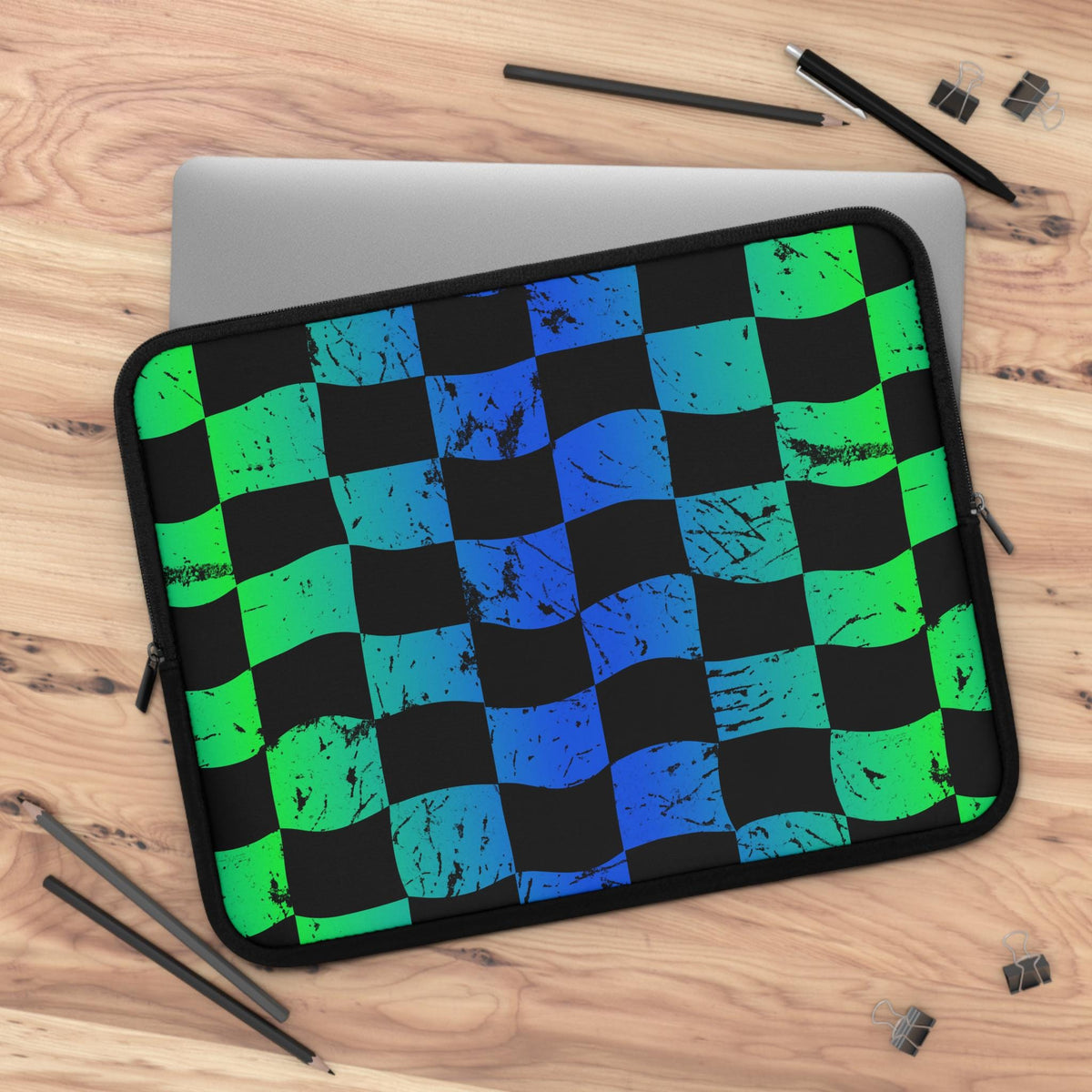 Green Blue Checkered Race Theme Laptop Sleeve | Racing Flag Design