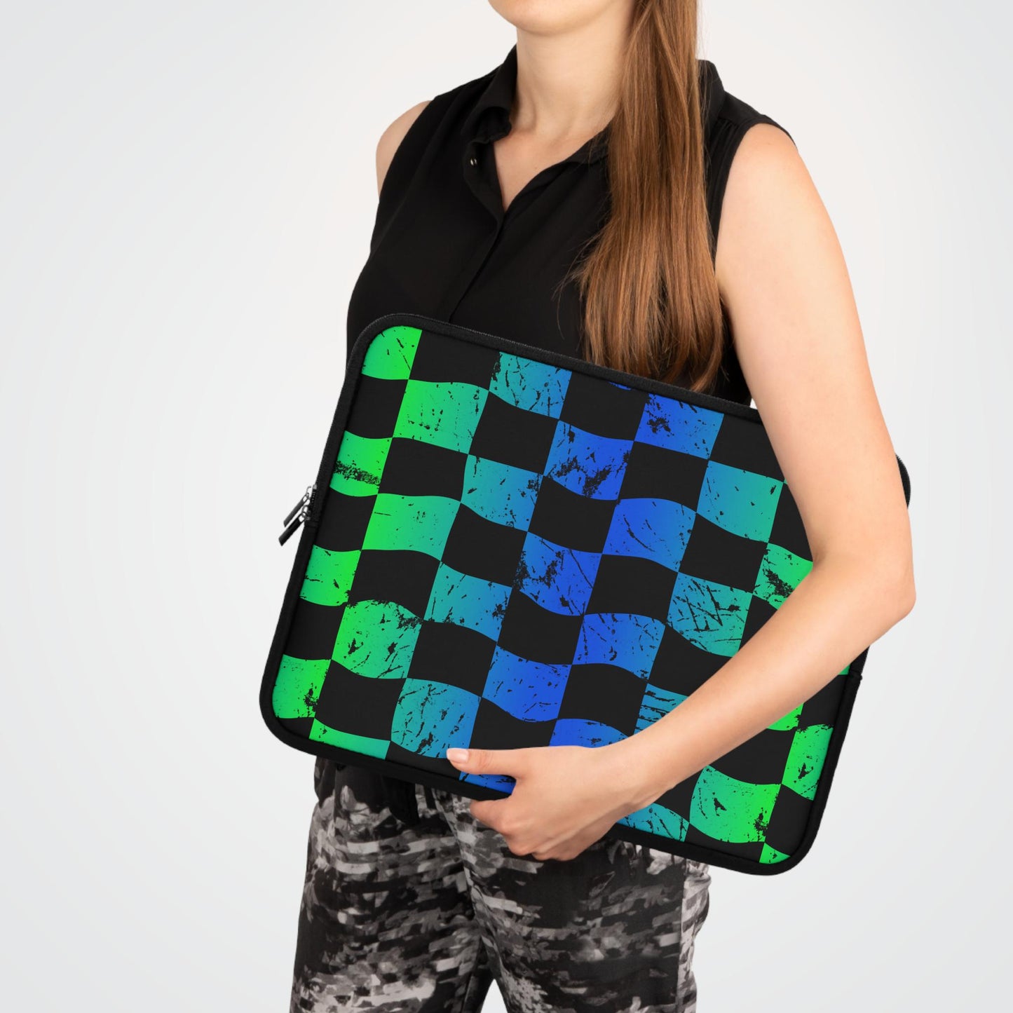Green Blue Checkered Race Theme Laptop Sleeve | Racing Flag Design