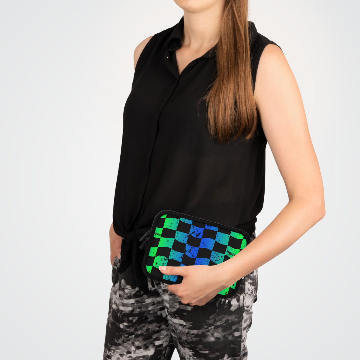 Green Blue Checkered Race Theme Laptop Sleeve | Racing Flag Design