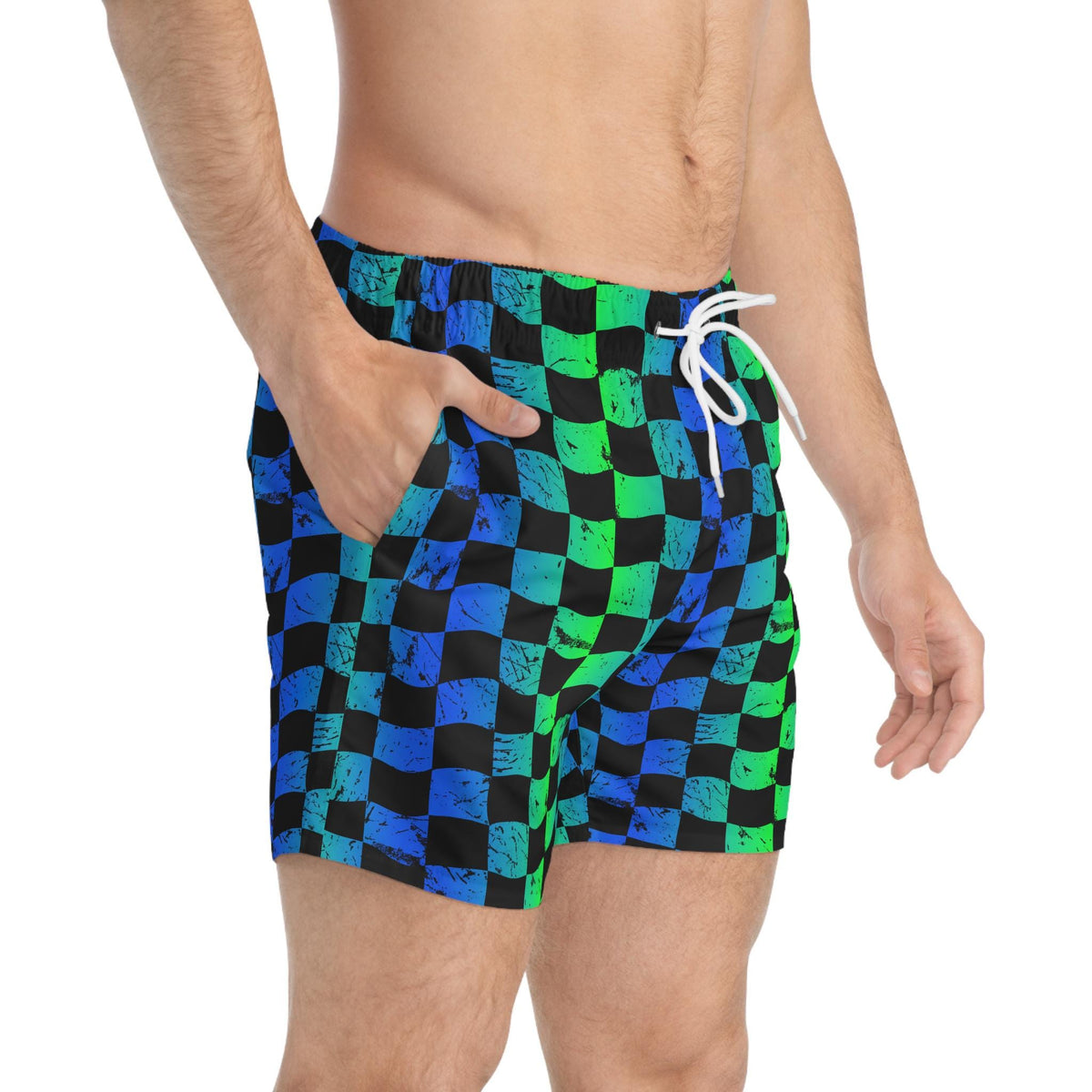 Green & Blue Checkered Swim Trunks, Men's Beachwear