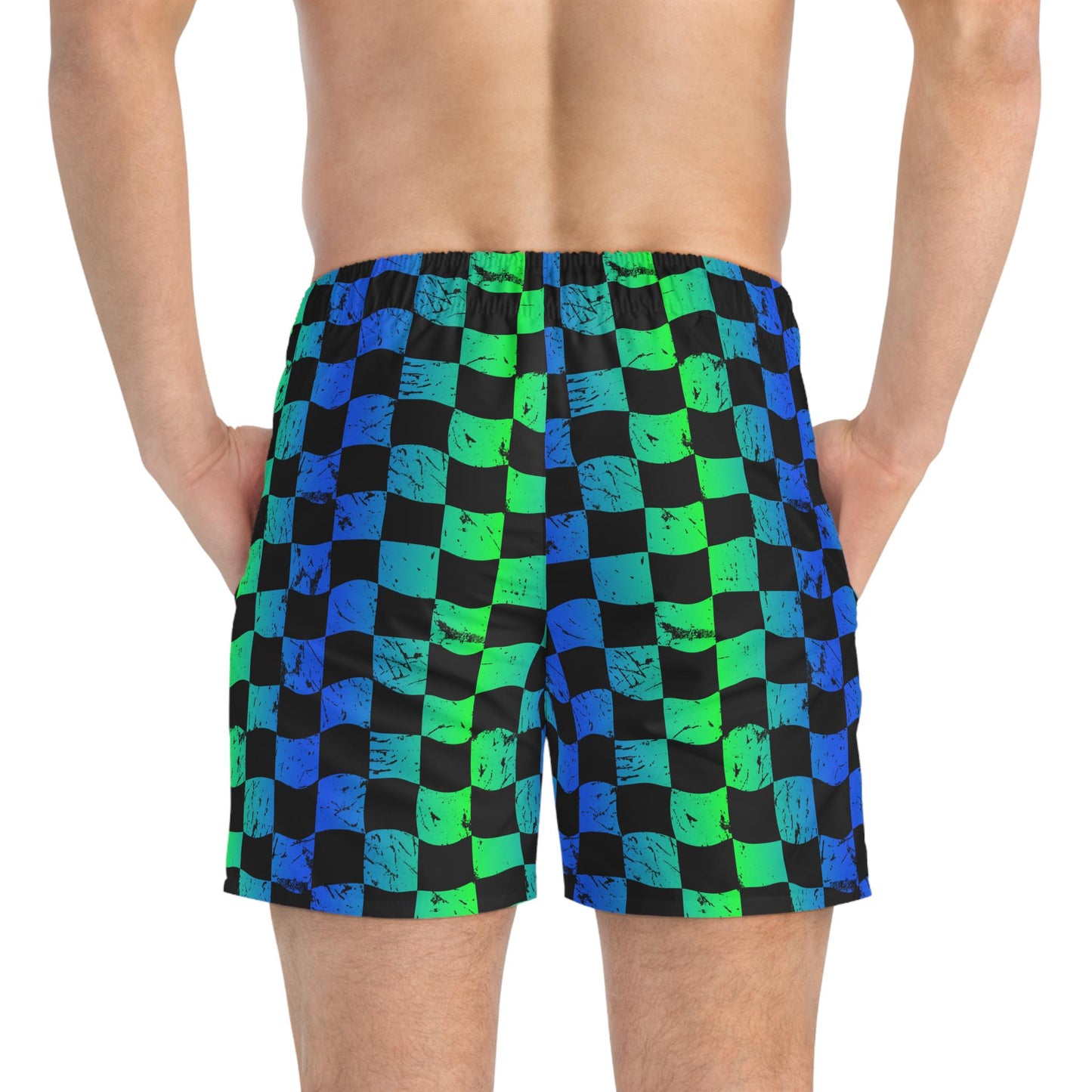 Green & Blue Checkered Swim Trunks, Men's Beachwear