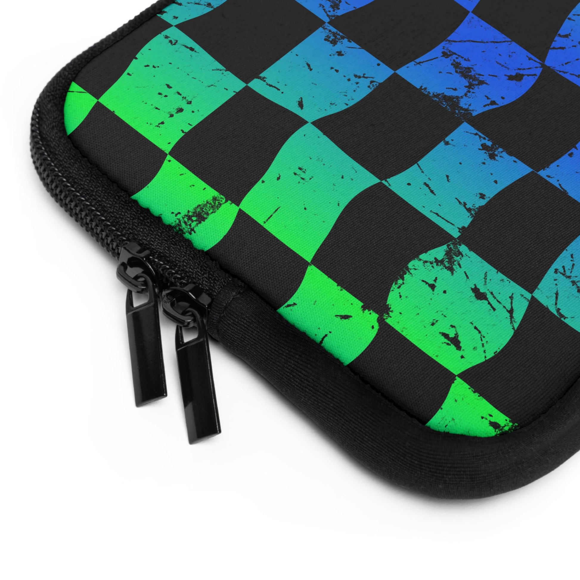 Green Blue Checkered Race Theme Laptop Sleeve | Racing Flag Design