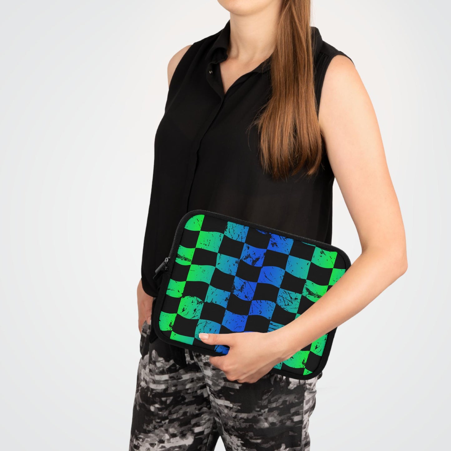 Green Blue Checkered Race Theme Laptop Sleeve | Racing Flag Design